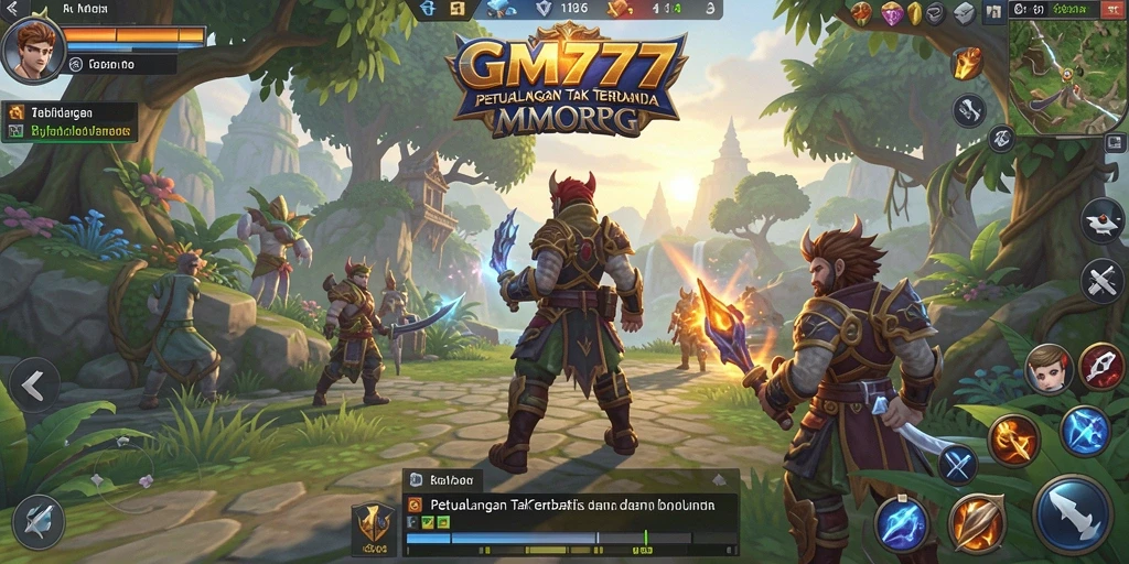 Screenshot gameplay <strong>GM777</strong> yang menunjukkan pertempuran epik di dunia MMORPG.