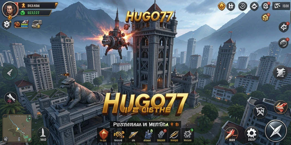 Tangkapan layar menunjukkan gameplay menegangkan dari HUGO77 dengan menara yang sedang beraksi.
