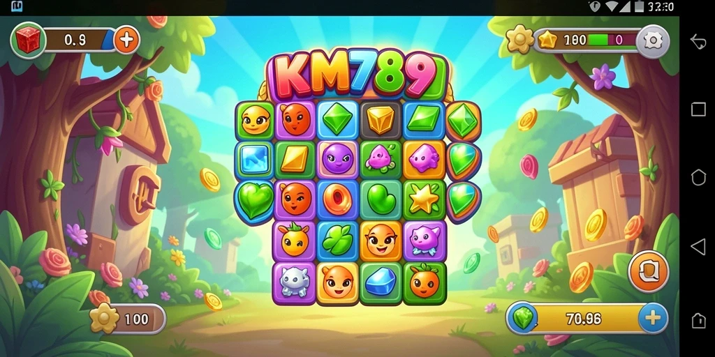 Screenshot gameplay KM789 menunjukkan aksi seru dalam mencocokkan permata.