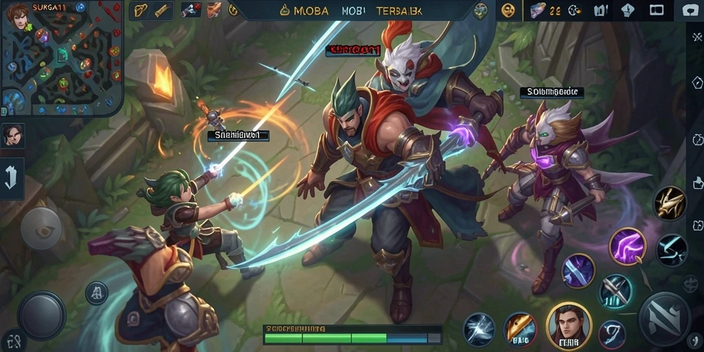 Tangkapan layar menampilkan pertempuran epik dalam SURGA11 dengan aksi MOBA yang intens.